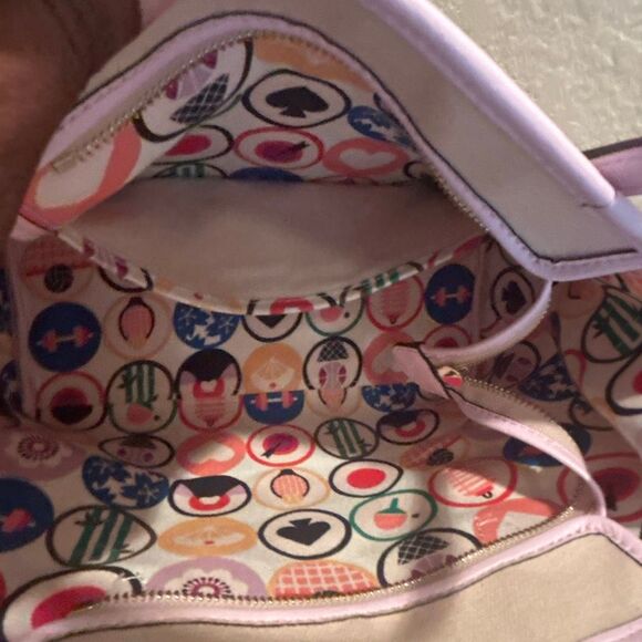 Kate Spade Leather Trim Canvas Tote Bag Natural Pink Logo Preppy Barbiecore - Picture 10 of 16